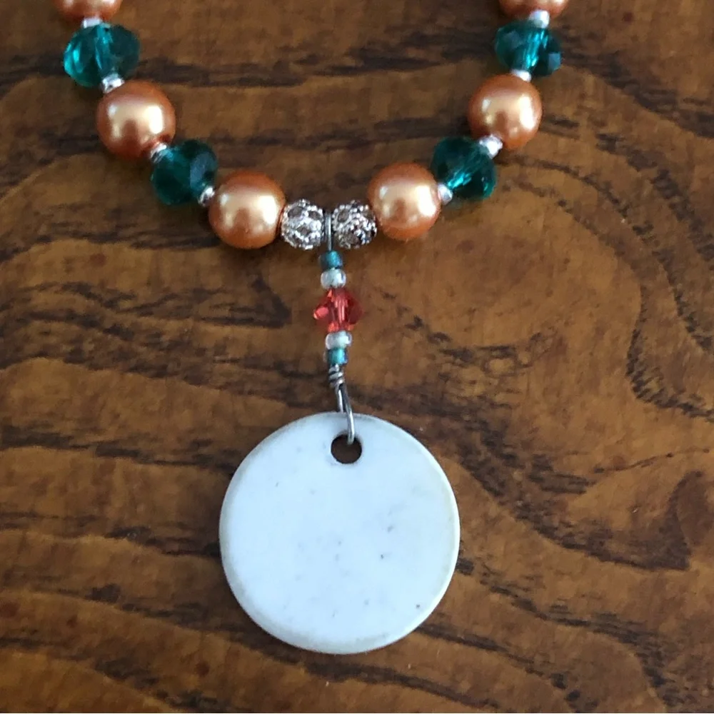 Handcrafted repurpose porcelain hummingbird disc Czech glass pearl necklace